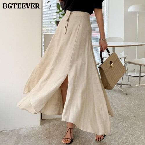 BGTEEVER Casual Single-breasted Cotton and Linen Midi Skirts for Women Summer Irregular High Waist Side Split Ladies Skirts 2020
