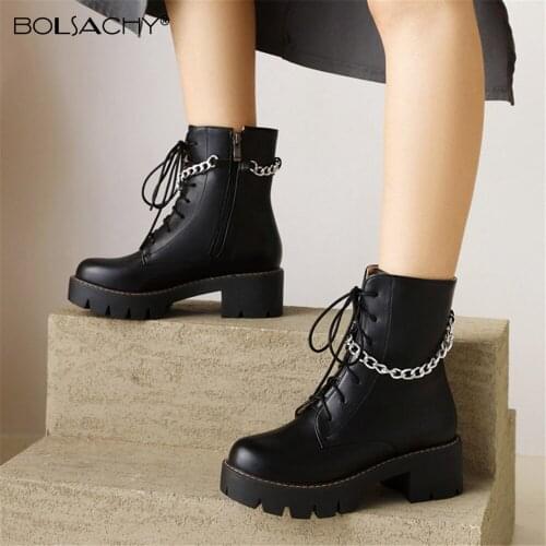 2021 Motorcycle Women Boots Winter PU Leather Shoes Black Botas Female Chain Lace Up Platforms Women Beige Botas Mujer Size33-43