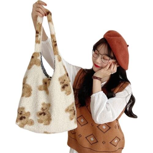 Women Bags Plush Cartoon Handbag Bear Printed Large Capacity Decorative Button Inner Plaid Shoulder Bag