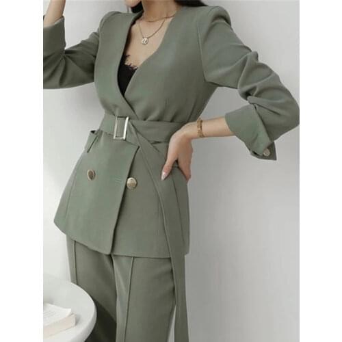 Spring And Autumn Womens Office Suit V-Neck Green Two-Piece Sets Female Blazer Girly Elegant Temperament Pantsuit Setup Ladies