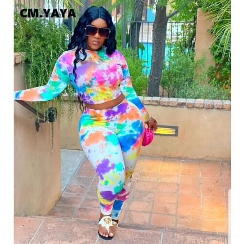 CM.YAYA Tie Dye Print Sweatsuit Womens Set Long Sleeve Tops Legging Pants Set Active Tracksuit Two Piece Fitness Outfit Set