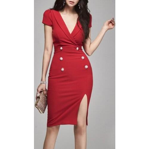 New arrival fashion korean style bodycon dress women elegant summer v-neck simple temperament office lady red midi split dress