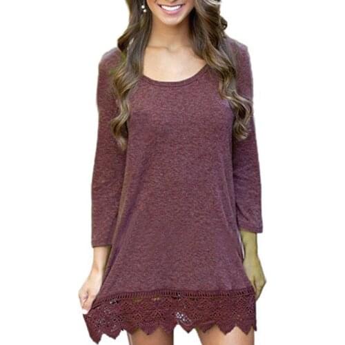 Weweya Solid White Soft Cotton Women Dress Crochet Hem Ladies Dresses O-Neck Casual Long Sleeve Tops Office Ladies Midi Shirts