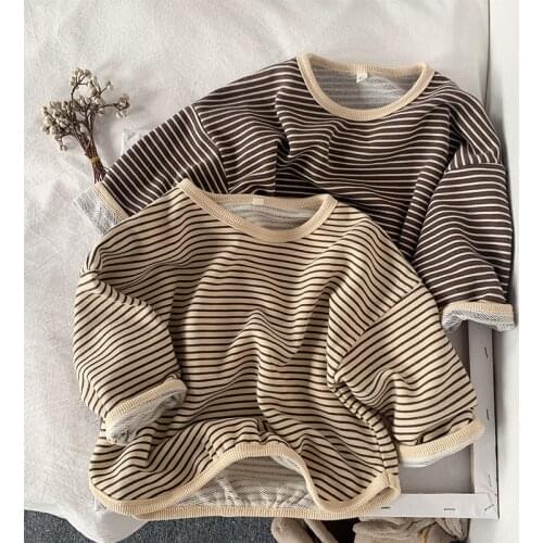 2021 New Fashion Autumn Baby Boys Girls Striped Shirt Children Long Sleeve Top O-Neck Korean Style Kids Loose T-shirt