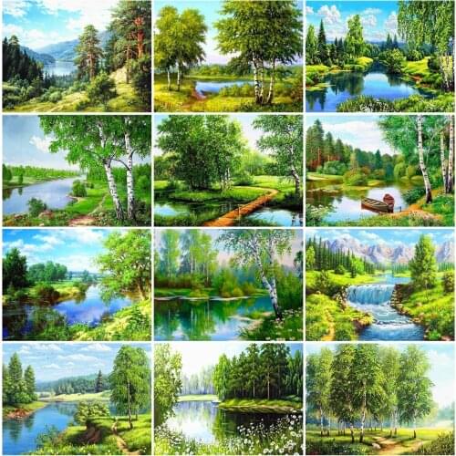 AZQSD Full Square Diamond Painting Tree Cross Stitch Handicraft Diamond Embroidery Lake Landscape Rhinestones Home Decoration