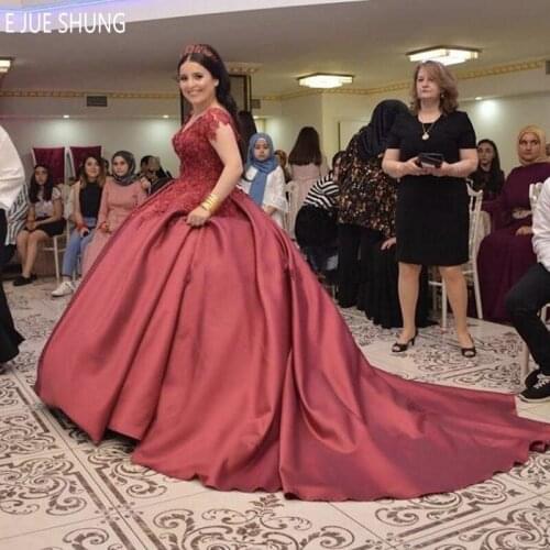 E JUE SHUNG Ball Gown Wedding Dresses V Neck Short Sleeves Appliques Beaded Luxury Burgundy Wedding Gowns vestido de noiva