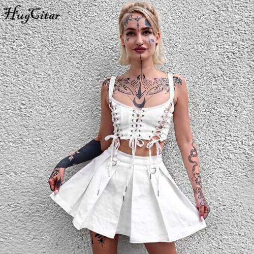 Hugcitar 2021 Sleeveless Square Collar Bandage Hollow Out Solid Chic Crop Top Sexy Spring Summer Women Streetwear Clothings