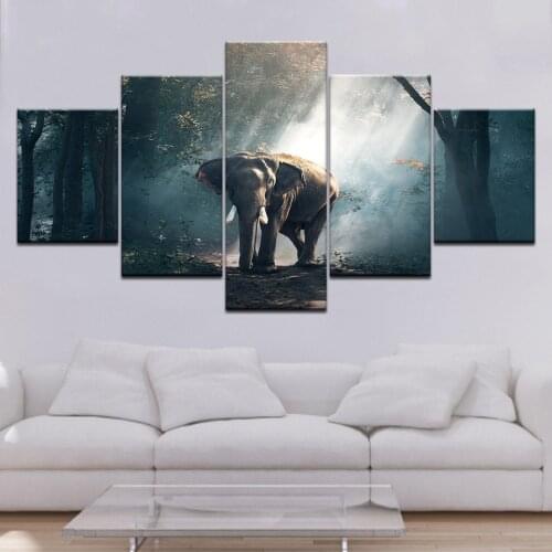 Canvas Painting 5 Piece Walking Elephant Sunset Forest Scenery Painting Prints Poster Home Living Room Decoration