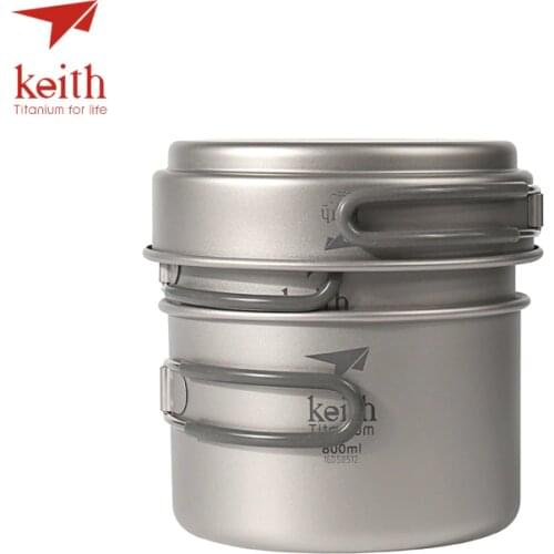 Keith Titanium Pots Pans Bowls With Folding Handle Cook Camping Hiking Picnic Cookware Utensils