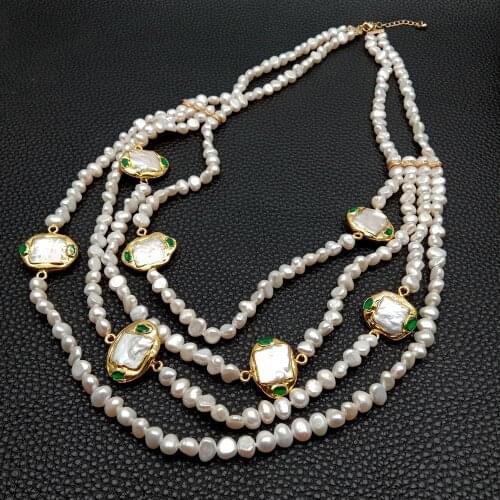 KKGEM 47cm-53.3cm 4 Strands natural Cultured Freshwater White Potato Pearl Square Pearl Gold Plated Statement Necklace