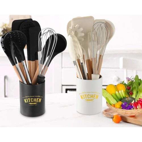 Silicone Cooking Utensils Set Non-Stick Spatula Soup Spoon Eggbeater Food Clip Wooden Handle with Storage Box Kitchen Tools