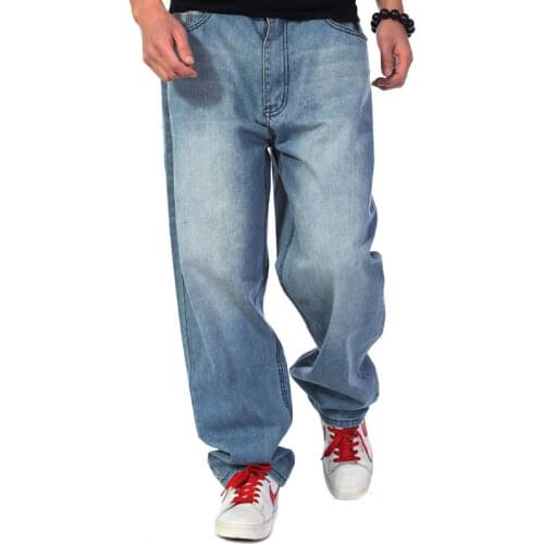 New mens wide-leg loose jeans denim flared pants hip-hop blue