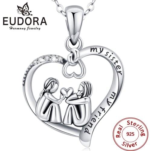 Eudora 925 Silver Sisters holding hearts Pendant My Sister My Friend Heart cz necklace is the best gift for sisters &friends 626