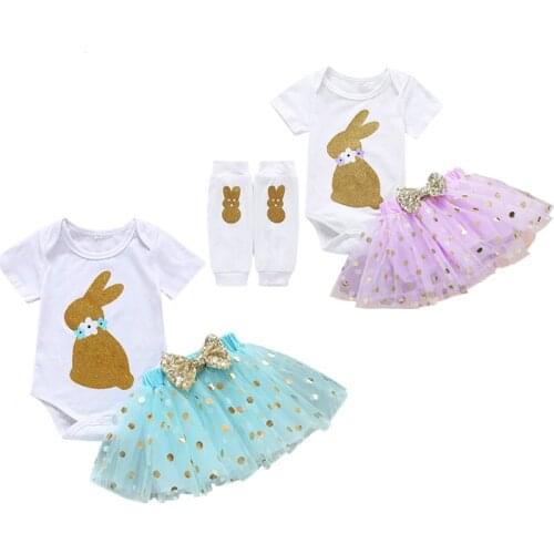 4PCS Baby Girl Easter Clothes Sets 0-24M Short Sleeve Rabbit Romper Tops Bowknot Polka Dots Skirt Headband Leg Warmers Clothes