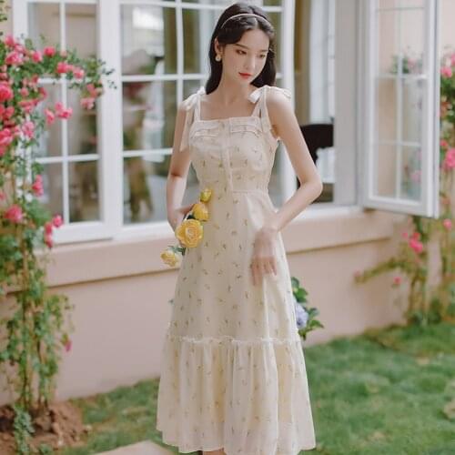Dresses for women 2021 Floral Sling Dress French Bowknot Shoulder Strap Chiffon Print Elegant Sweet Retro Dress
