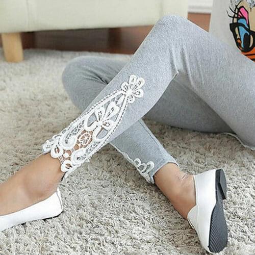 Casual Women Ladies Leggings Lace Flower Spliced Cotton Leggings Full Length Pants Elastic Waist Slim Stretch Leggins
