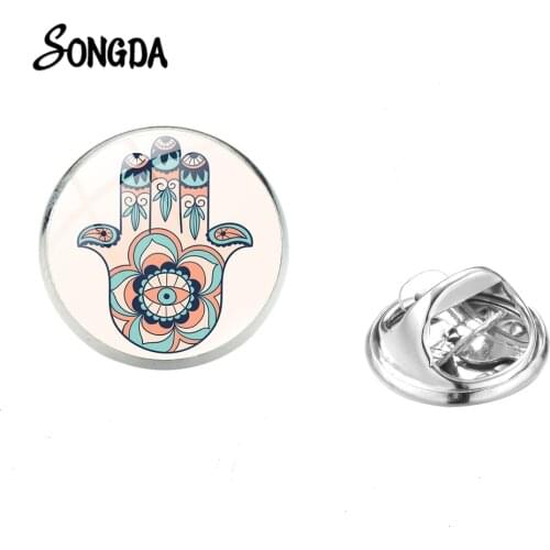 Fatima Hand Mandala Flower Brooch Retro Art Evil Eye Pattern Glass Round Lapel Pins Fashion Stainless Steel Clothes Badge