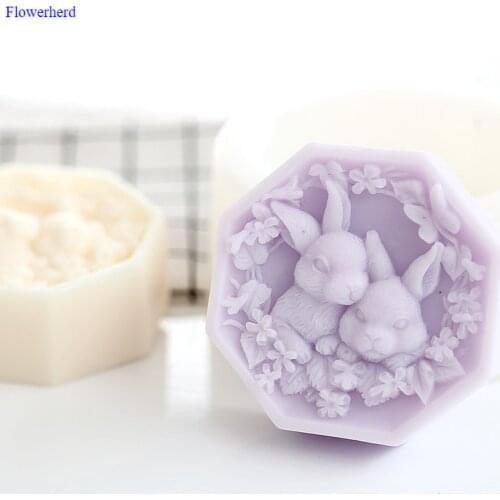 New Handmade Soap Mold DIY Happy Cute Rabbit Flower Pattern Easy Release Silicone Soap Mold 3d Silicone Molds Soap Making Set