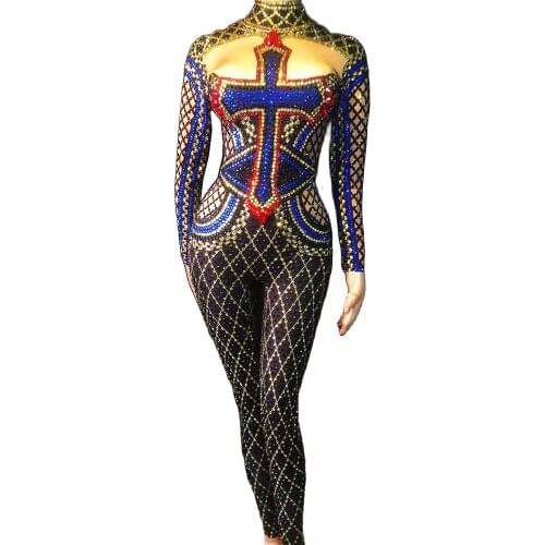 Sparkling Rhinestones Plaid Jumpsuit Personality Pattern Printing Backless Rompers Nightclub Dance Wear Uniform Costumes Women