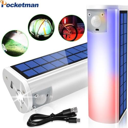 LED Camping Light Solar/USB Camping Lantern Internal Electric Output Double Switch Induction Flashlight with Warning Light Torch