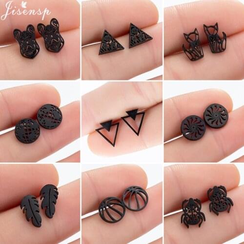 Jisensp Black Stainless Steel Geometric Stud Earrings for Women Minimalist World Map Ear Studs Dog Fox Earings Jewelry oorbellen