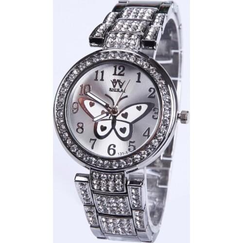 Gnova Platinum Watch Gold Butterfly Rhinestone Crystal Women Stainless Golden Wristwatch