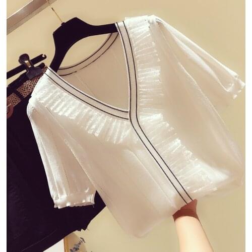 Spring summer Ice silk V-neck short-sleeved sweater bottoming shirt Lotus leaf decoration womens loose thin pullover