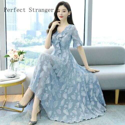 2021 Summer New Arrival Hot Sale High Quality V Collar Ruffles Short Sleeve Jacquard Women Chiffon Long Dress