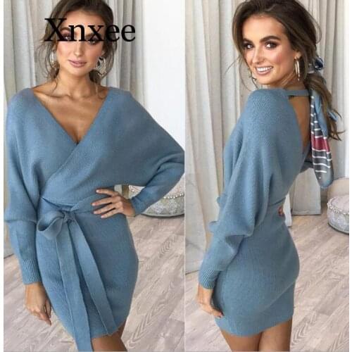 White warm Sexy Bodycon Wrap Sweater Dress Women Autumn 2019 Long Sleeve Sashes Tied Mini Casual Cotton Knitted Winter Dress