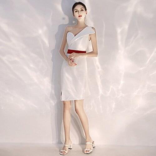 Special Occasion Dress Vintage V-Neck Sleeveless One Shoulder A-Line Luxury White Zipper Knee-Length Elegant Lady Prom Gown E835