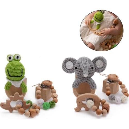 1set Amigurumi Baby Rattle Toys Cartton Animal Crochet Wooden Rings Rattle DIY Crafts Teething Rattle For Baby Cot Hanging Toy
