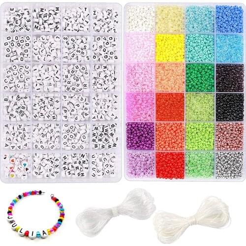 15600pcs 3mm Glass Seed Beads and 1200pcs Letter Beads Kit for Bracelets Crafts DIY Art Necklaces Key Chains Making with Cord