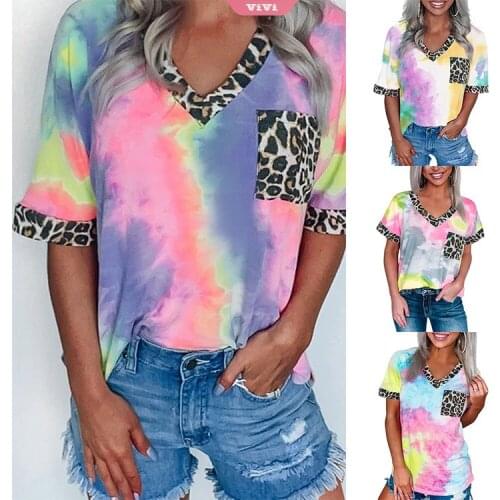 2021 Fashion Tie-dye Printing Womens T-shirt V-neck Short-sleeved Rainbow Gradient Leopard Print Casual Ladies T-shirt Blouse