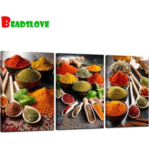 3 Pieces Colorful Spices And Spoon Diy Diamond painting Vintage Kitchen Decor 5D Full Square Round Embroidery Mosaic