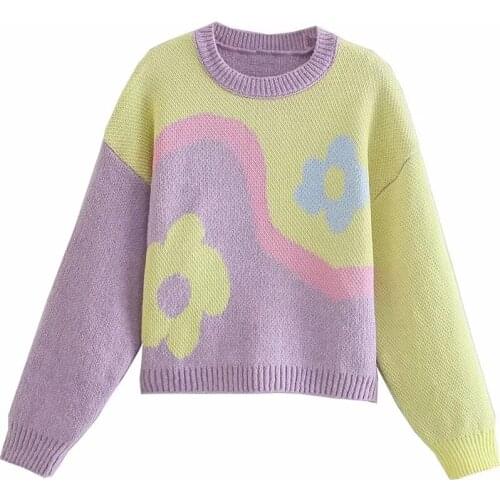 BBWM 2021 New Women Vintage Round Neck Color Contrast Flower Paint Cute Sweater Girl Sweet Casual Pullover Long Sleeve Chic Top