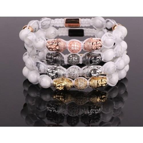 Natural Stone Beads Bracelet Women Men CZ Pave Ball Buddha Charms Howlite Beads Braided Bracelet