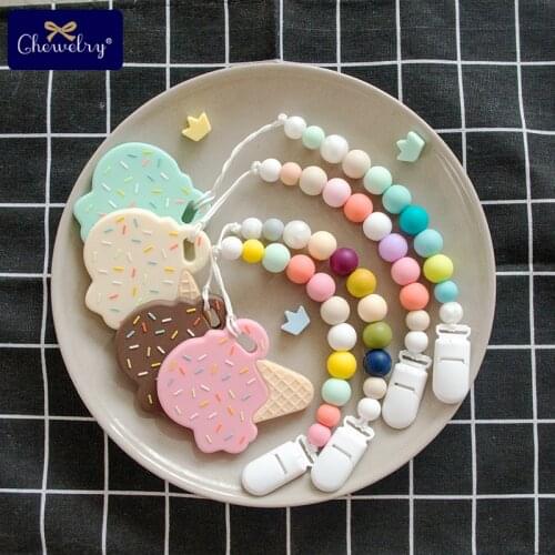 CHEWELRY Pacifier Clips Silicone Ice Cream Charms Teethers Silicone Beads Teething Nursing Dummy Clip Baby Shower Gift Teethers
