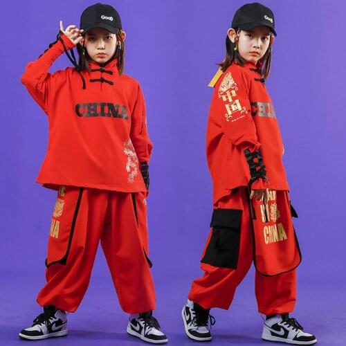 Kid Cool Chinese Style Dragon Hip Hop Clothing Loose Shirt Top Pants for Girls Boys Dance Costume Clothes Street Wear