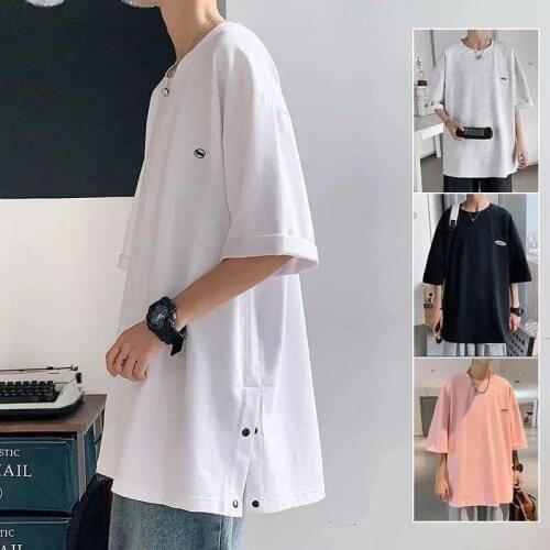 Short-sleeved T-shirt mens T-shirt 2021 summer five-point sleeve cotton T-shirt ins split-breasted top bottoming shirt