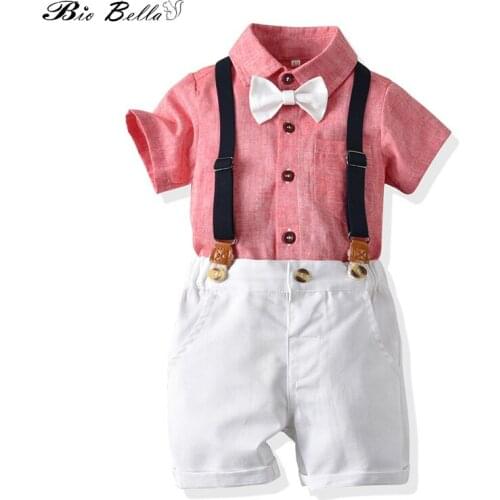 Clothing for Boys Baby White Bow Set Birthday Formal Suit Summer Newborn Baby Clothes Set Red Shirt Tops+Suspender Pants Outfits