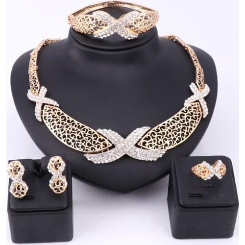 Women Party Jewelry Sets Gold Color Crystal Fashion Necklace Bangle Earring Ring Wedding Romantic Nigerian African Beads Gift