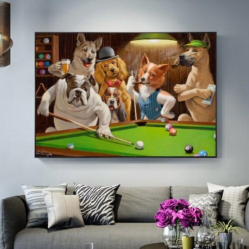 Creative Cartoon Animal Dog Playing Billiard Canvas Painting Poster Print Cuadros Wall Art for Living Room Home Decor (No Frame)