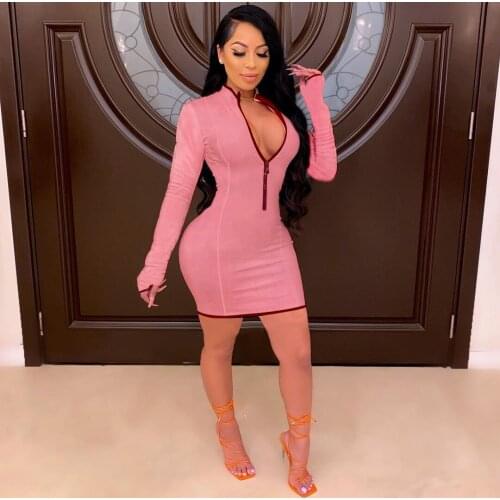Fashion Womens Dress Zipper Close Body Long Sleeve Warm Tight Fitting Solid Color Dress Bodycon Dresses Ladies Clothes Clubwear