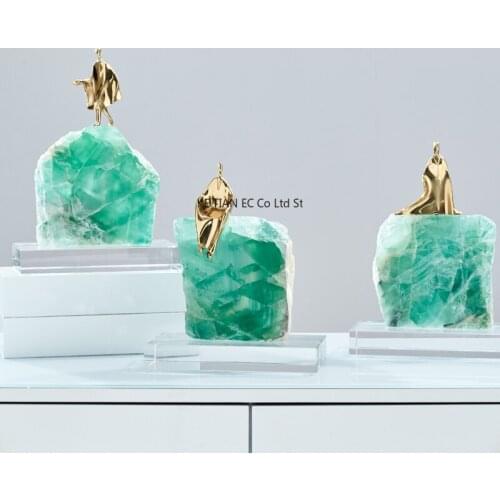 Natural Green Crystal Stone Sculpture Pure Copper Portrait Decoration with Crystal Base Tabletop Crystal Stone Crafts Home Decor