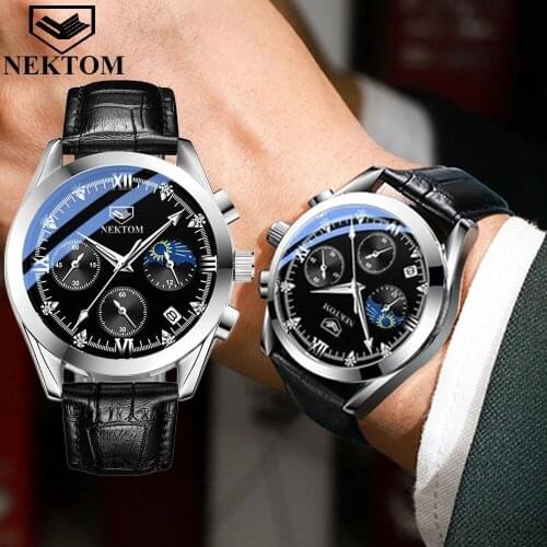 NEKTOM 2021 New Fashion Leather Waterproof Luminous Men Watches Top Brand Luxury Male Quartz Wristwatch For Boyfriend Gift