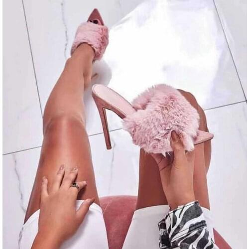 New Arrivals Pink Fur Mules Peep Toe Suede Stiletto Heels Dress Pumps Pointed Toe Slip-on Slides Daily Office Shoes Customized