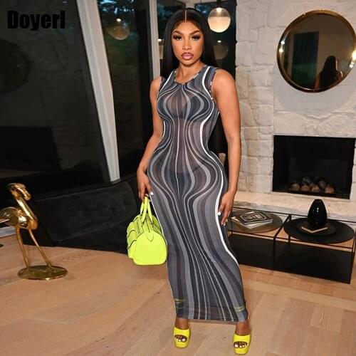 Sheer Mesh Sexy Transparent Party Dress 2021 Tight Birthday Club Outfits for Women Print See Through Bodycon Dress Robe Longue