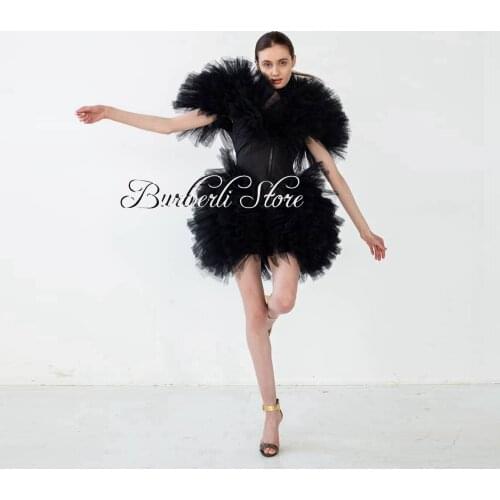 Puffy Black Tulle Straight Mini Women Prom Dress With Puff Sleeves Modern Ruffles Tulle Short Prom Party Gowns Outfit Vestidos