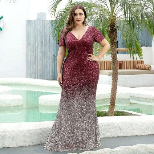 Evening Dress Sequins Elegant Simple V-Neck Mermaid Short Sleeves Floor-Length Zipper Back Plus Size Women Formal Gowns D1032