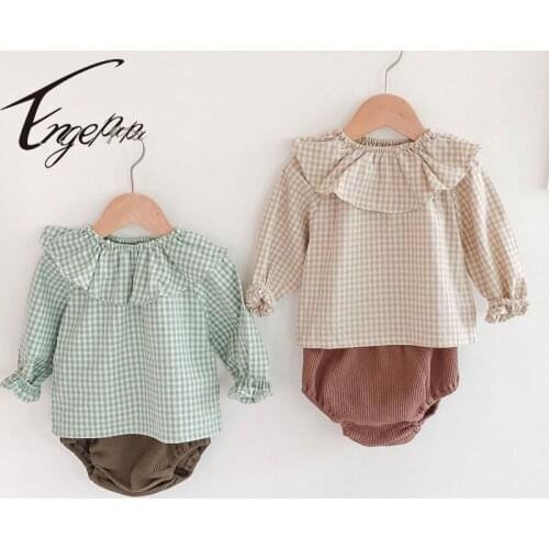 Engepapa Spring Autumn Newborn Baby Girls Clothes Suit Long Sleeve Cotton Plaid T-shirt+PP Shorts Infant Baby Girls Clothing